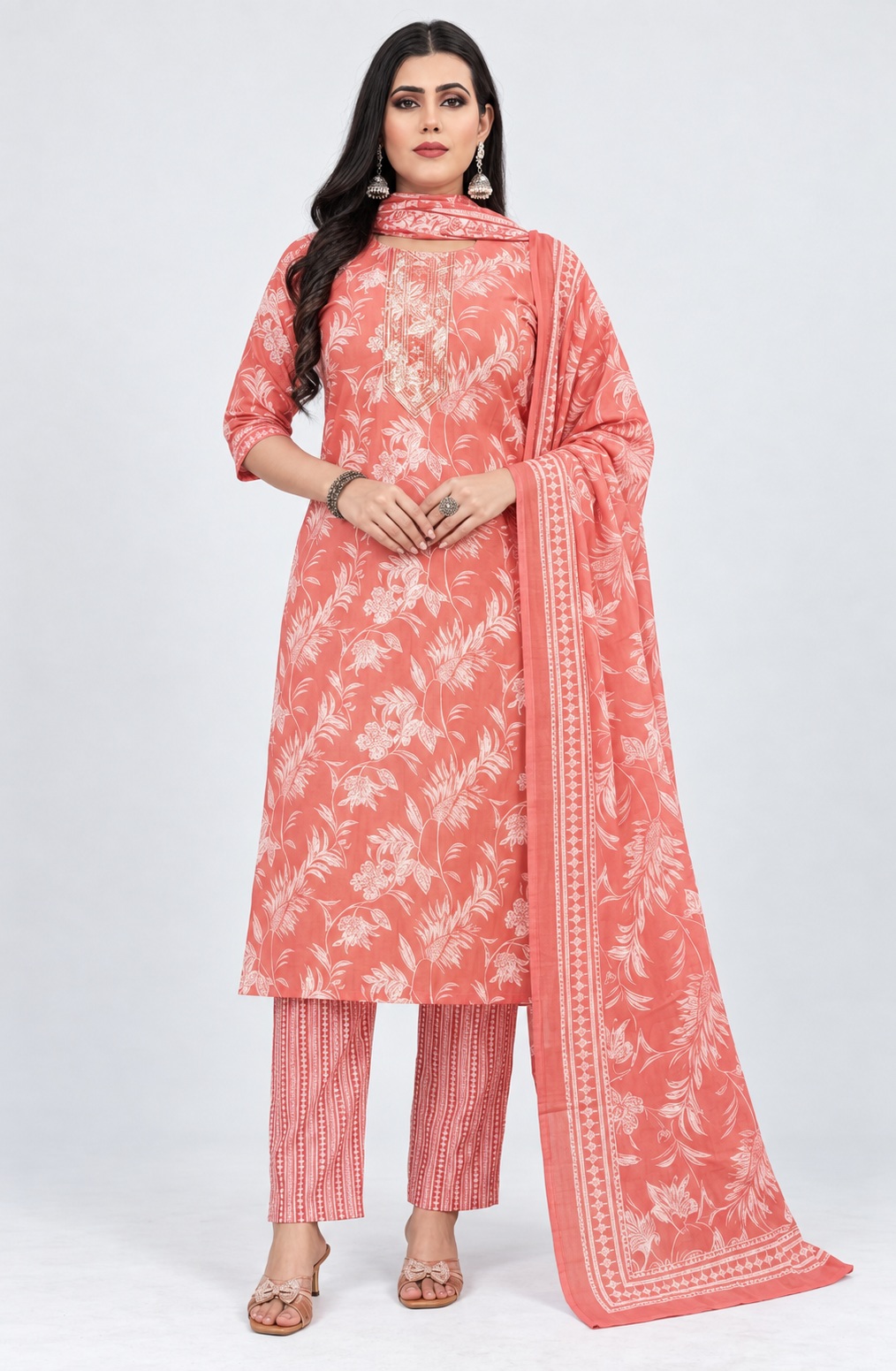 RIVAZ coral floral kurti set with dupatta, style 59986, full-length model front view