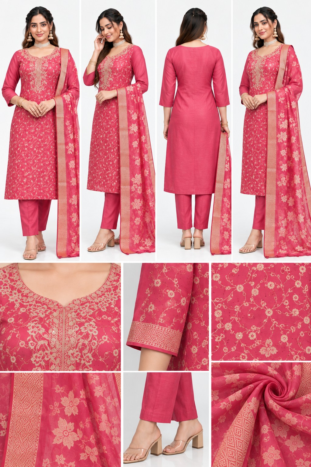 rani pink kurti set with dupatta, RIVAZ style 59990, multi-angle and decorative detail views