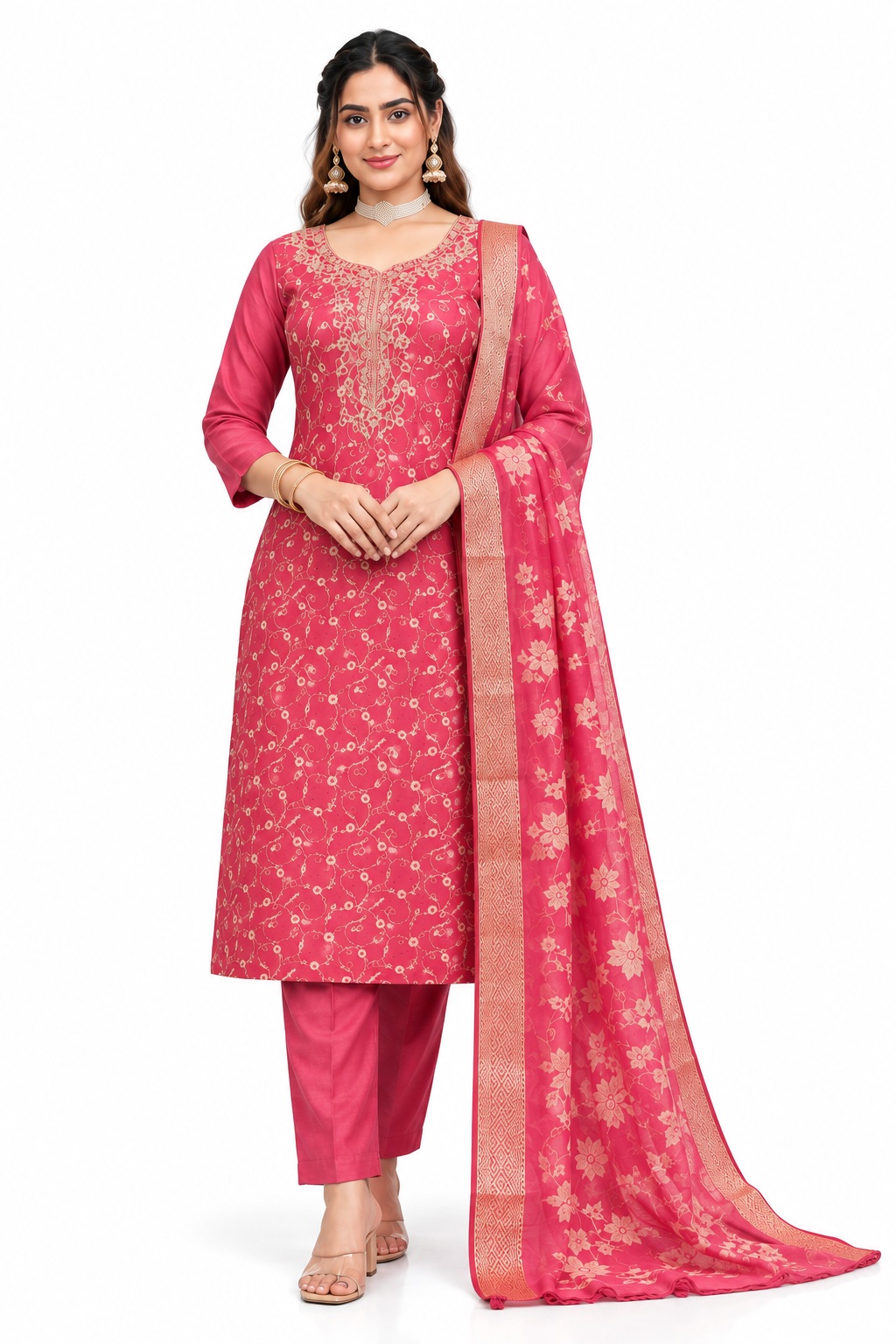 RIVAZ rani pink kurti set with dupatta, style 59990, full-length model front view
