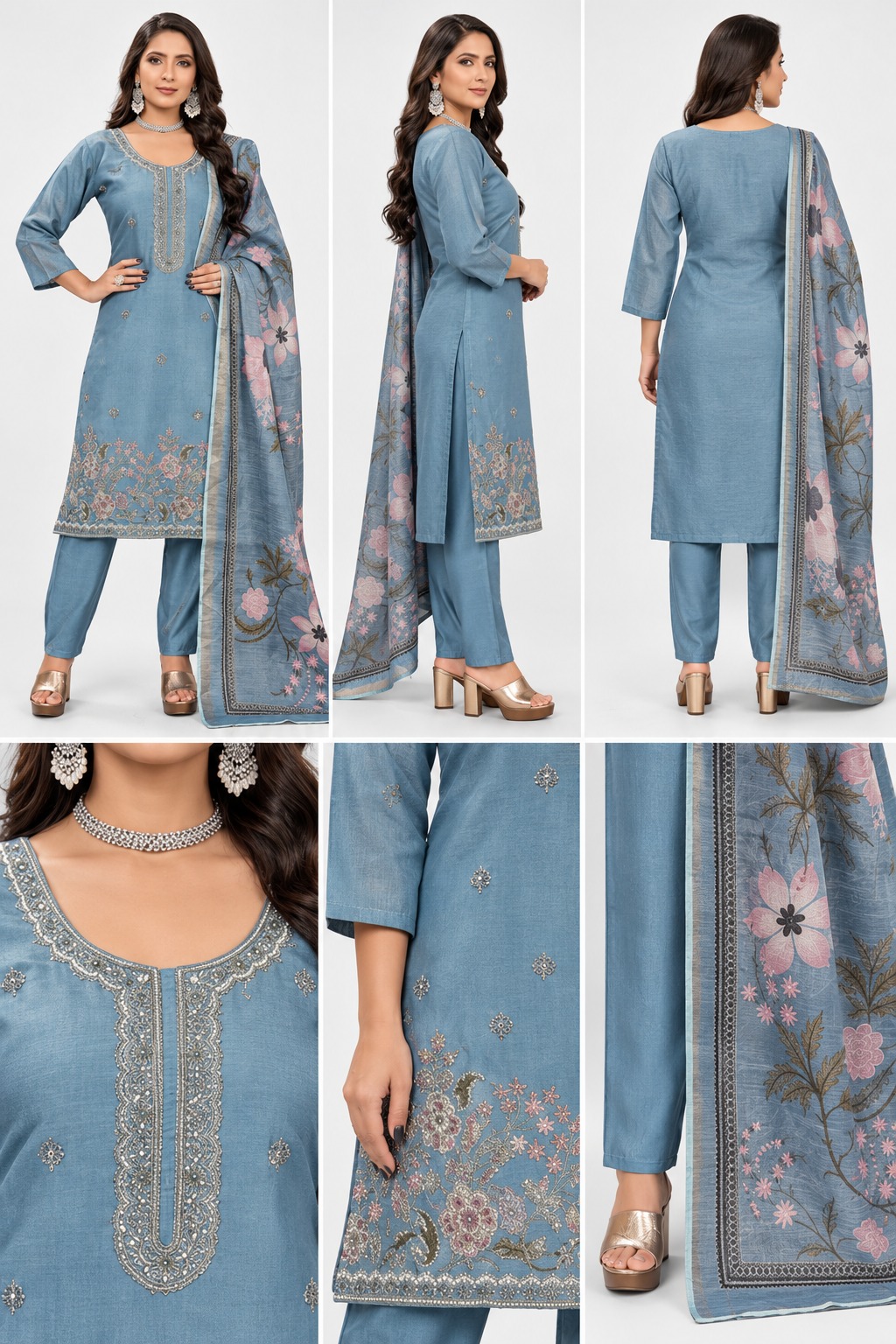 blue floral kurti set with dupatta, RIVAZ style 60009, multi-angle and decorative detail views