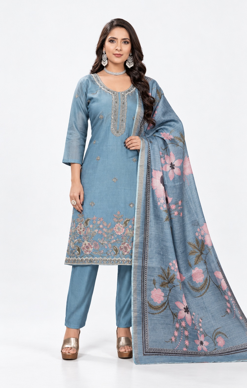 blue floral kurti set, RIVAZ style 60009, 60009 blue front