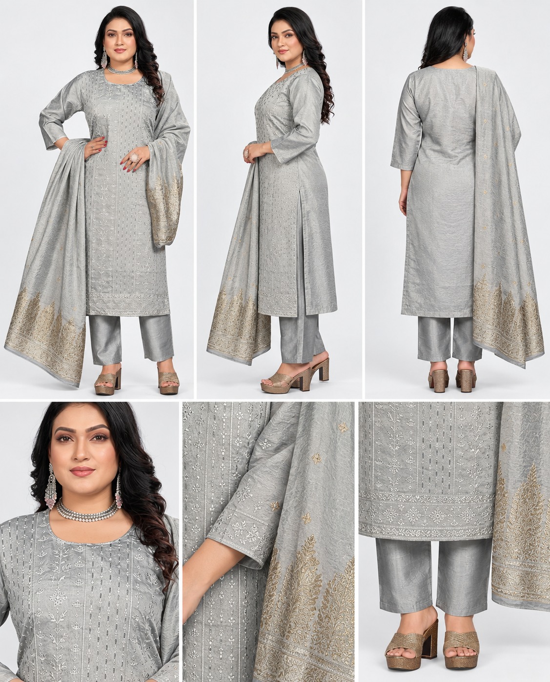 grey kurti set with dupatta, RIVAZ style 60018, multi-angle and decorative detail views
