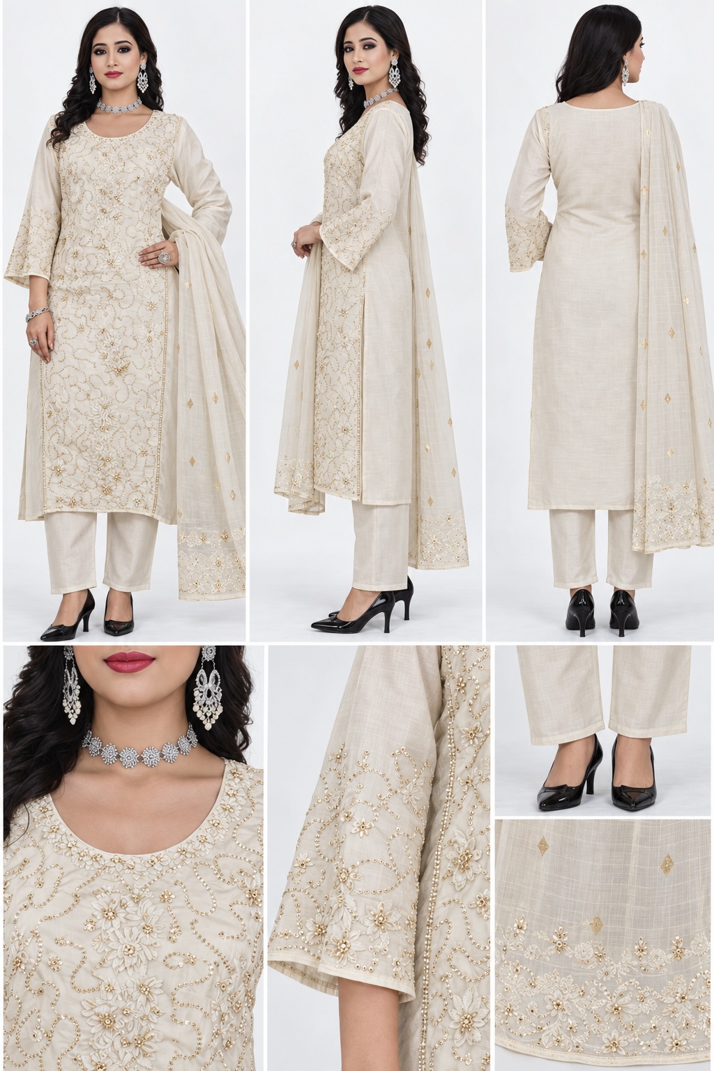 ivory kurti set with dupatta, RIVAZ style 60028, multi-angle and decorative detail views