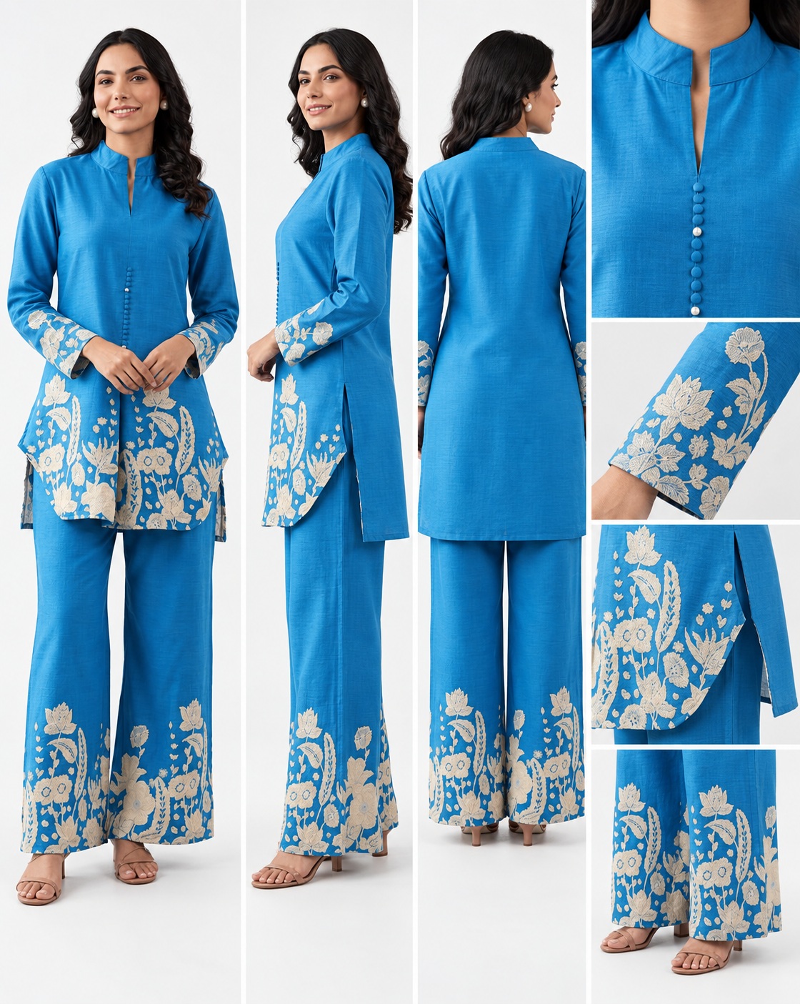 blue co ord kurti set, RIVAZ style 60128, 60128 blue detail