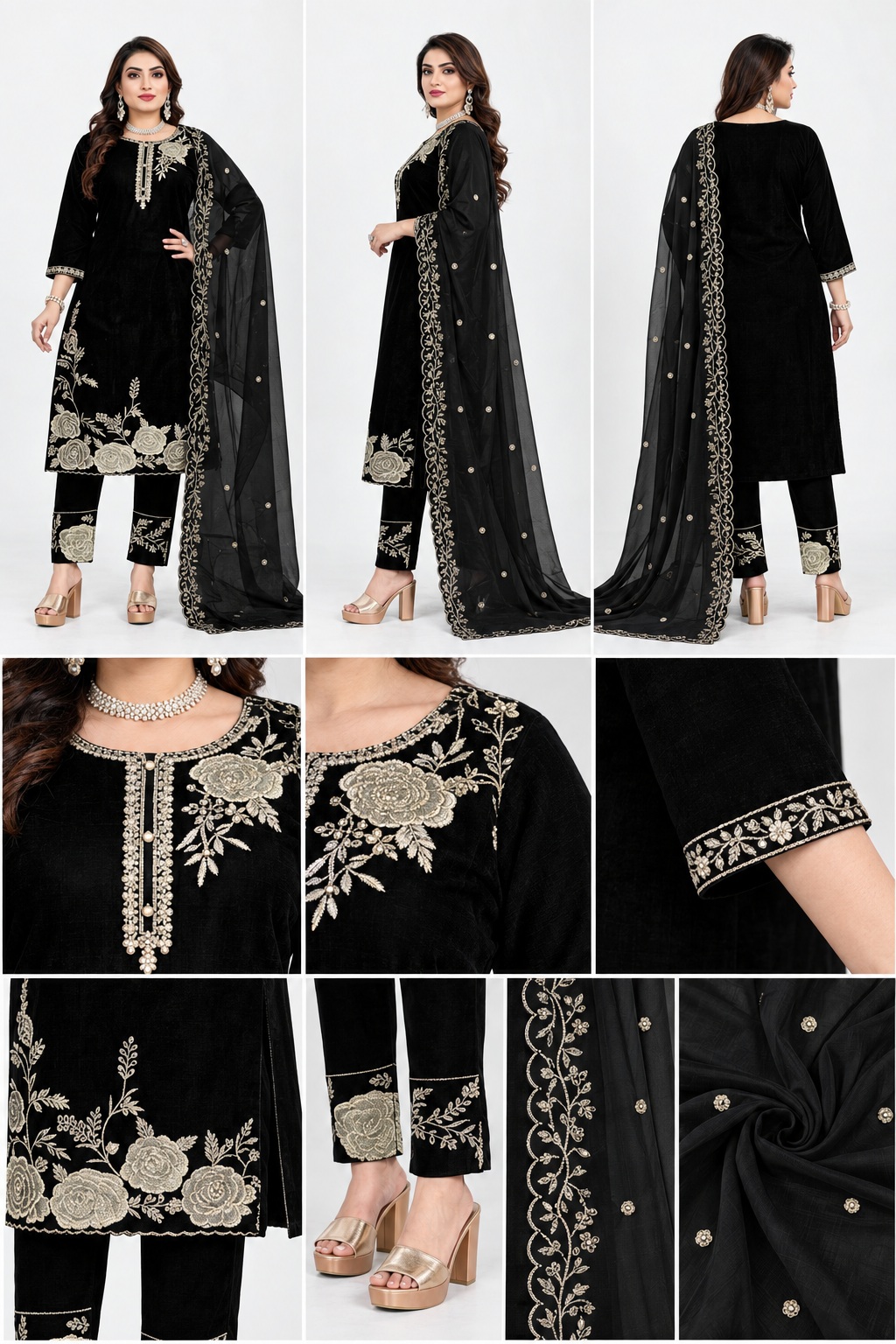 floral border kurti set, RIVAZ style 60135, 60135 black detail