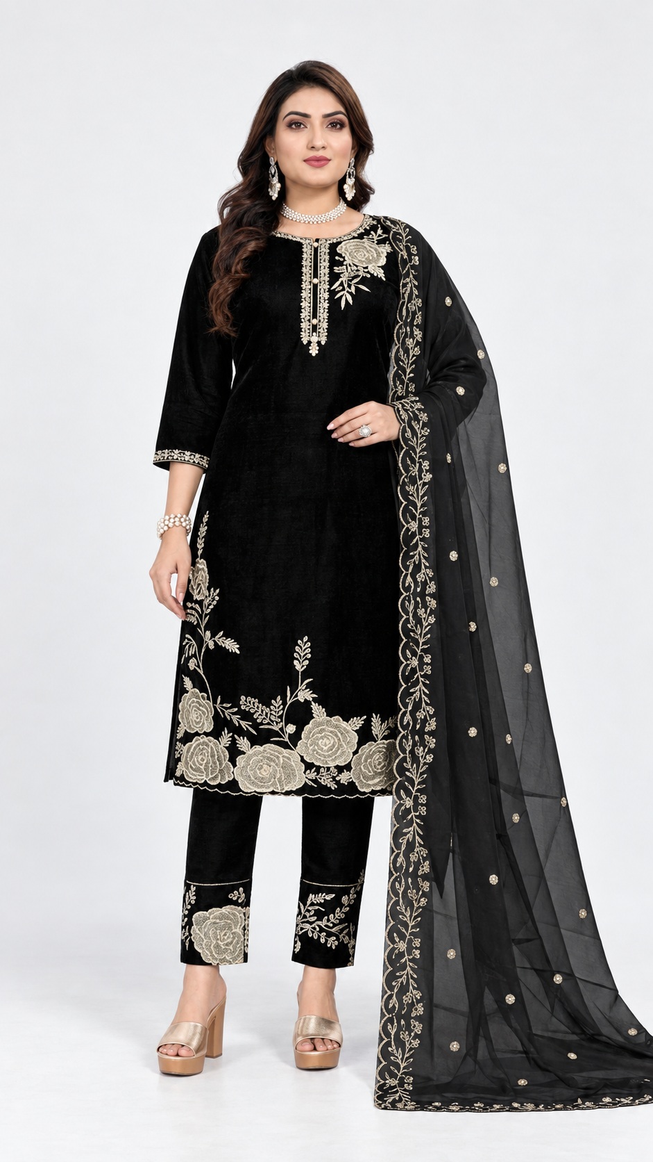 floral border kurti set, RIVAZ style 60135, 60135 black front
