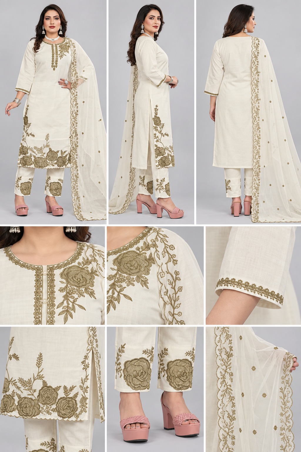 ivory rose kurti set, RIVAZ style 60137, multi-angle and decorative detail views
