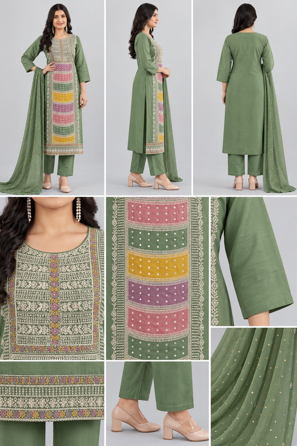 green patterned kurti set, RIVAZ style 60287, multi-angle garment detail views