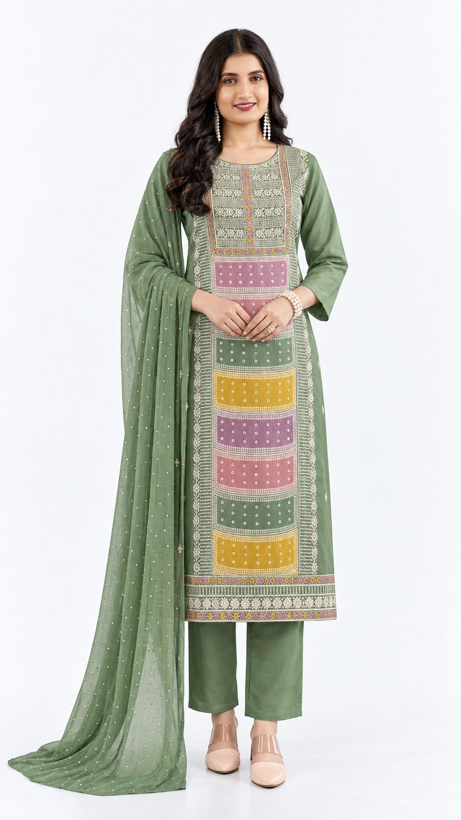 green patterned kurti set, RIVAZ style 60287, full-length front view