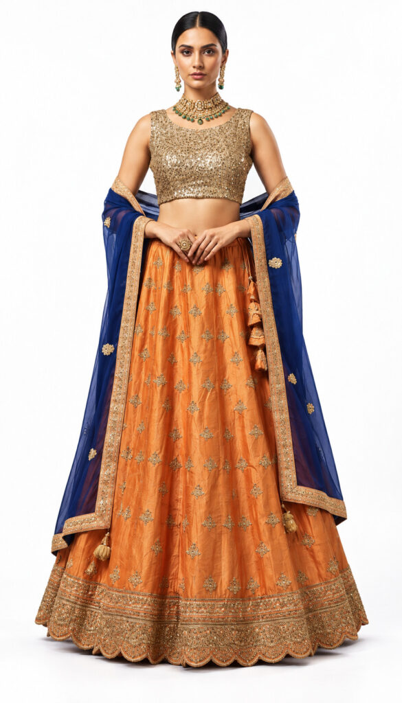 RIVAZ Amravati orange unstitched lehenga 10480, full front view