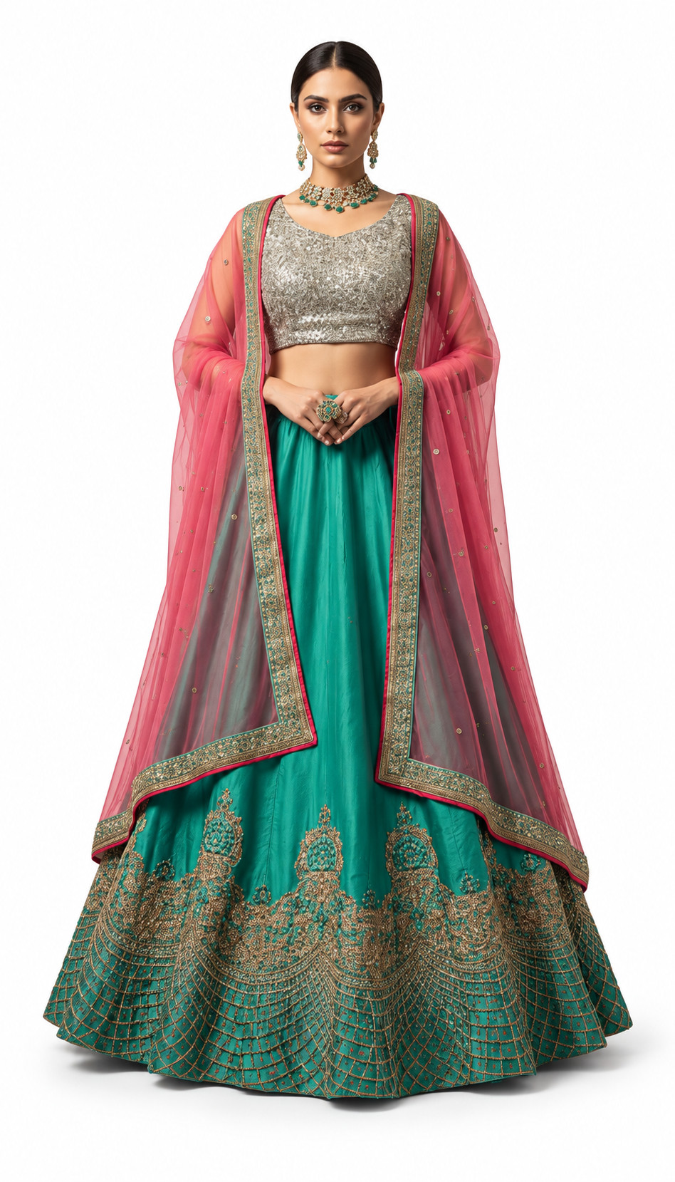 green unstitched lehenga 10481 – full front view