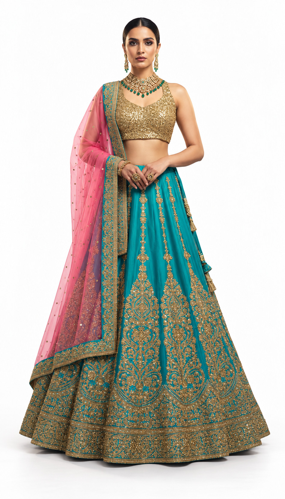 teal unstitched lehenga 12389 – full front view