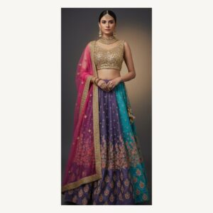 teal and purple unstitched lehenga 15093 – full front view