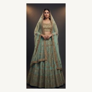 sage green unstitched lehenga 15099 – full front view