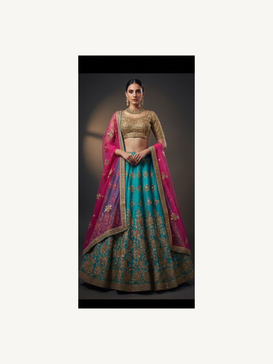 teal unstitched lehenga 17171 – full front view
