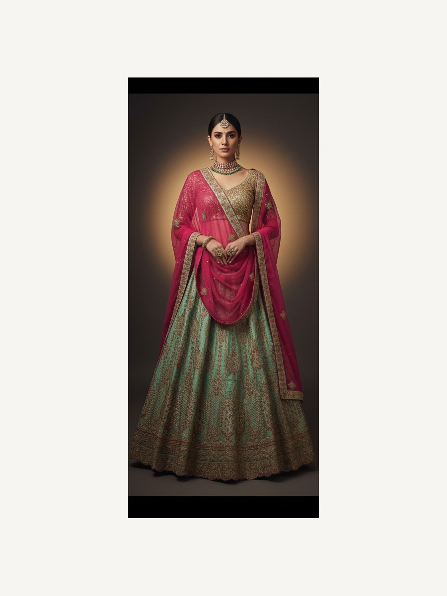 teal unstitched lehenga 27038 – full front view