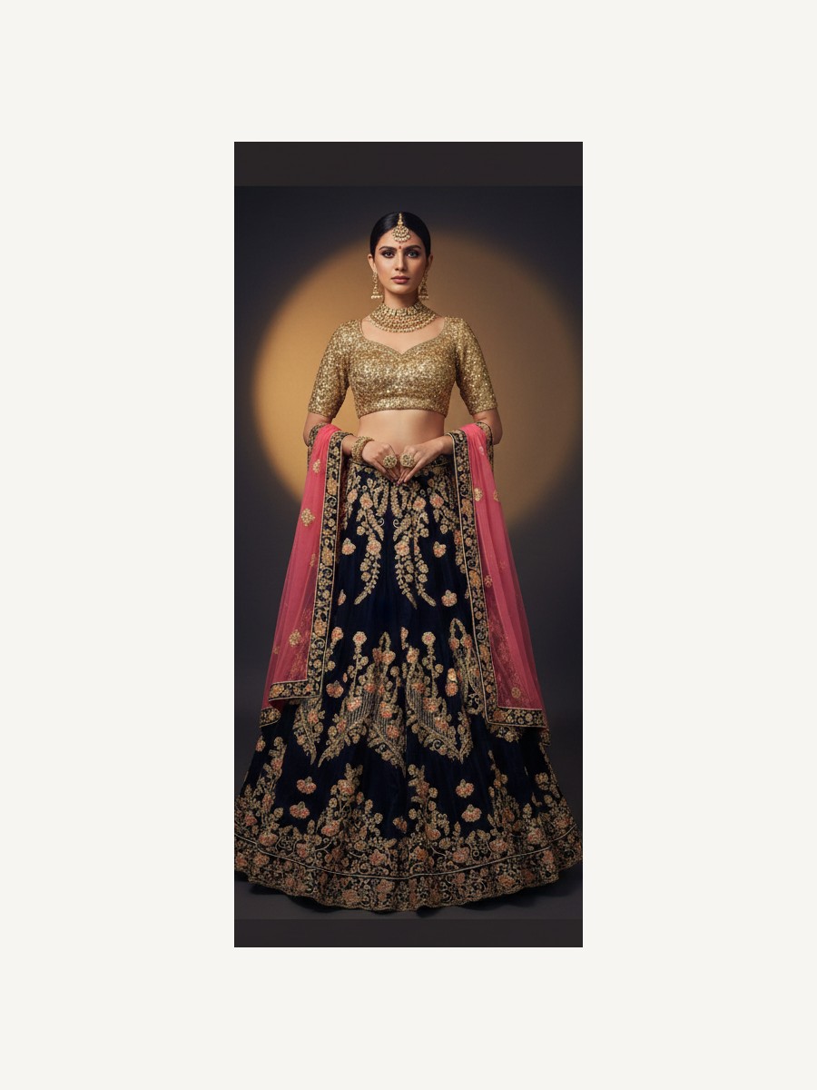 navy blue unstitched lehenga 28538 – full front view