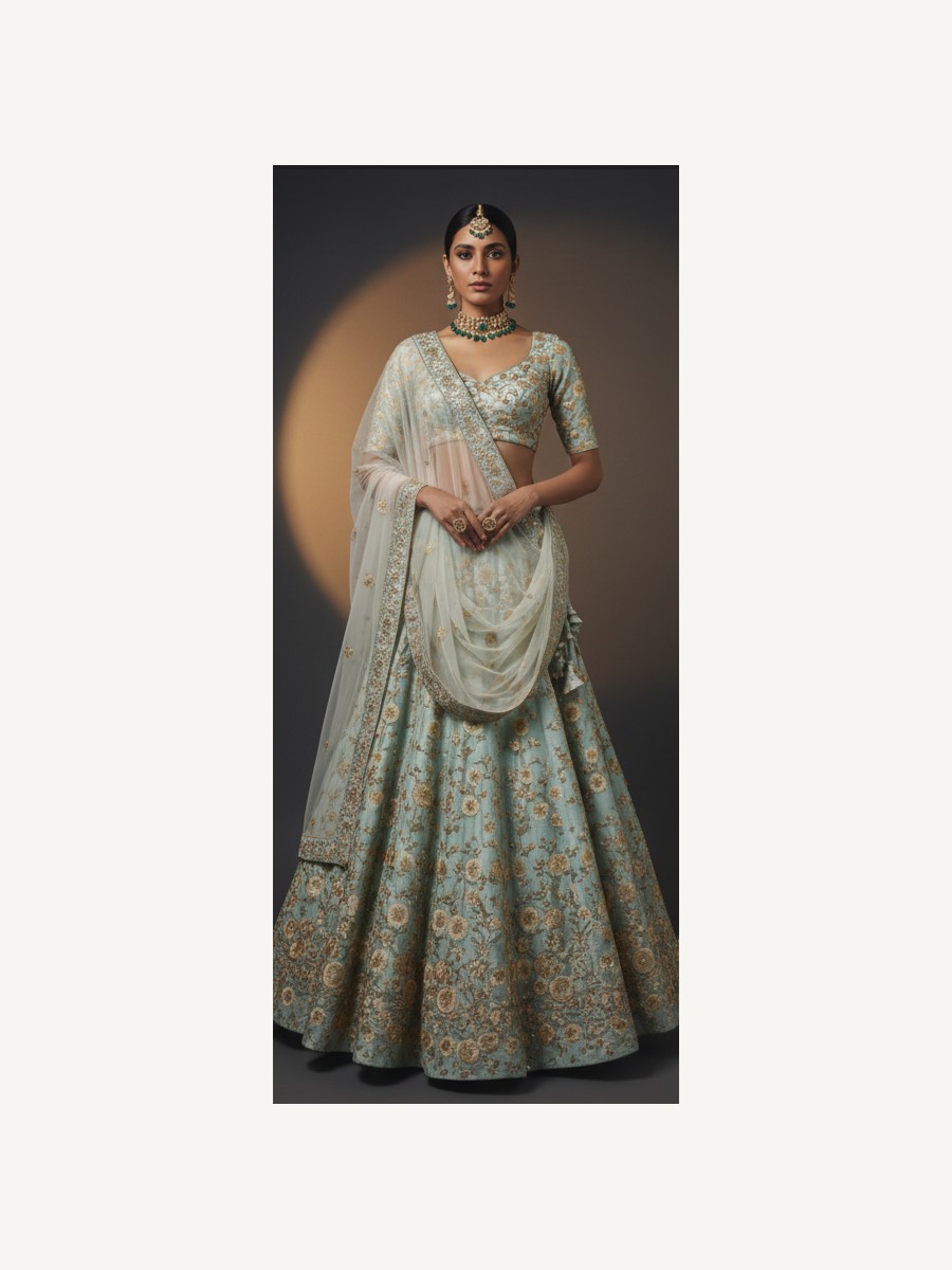 mint green unstitched lehenga 32630 – full front view