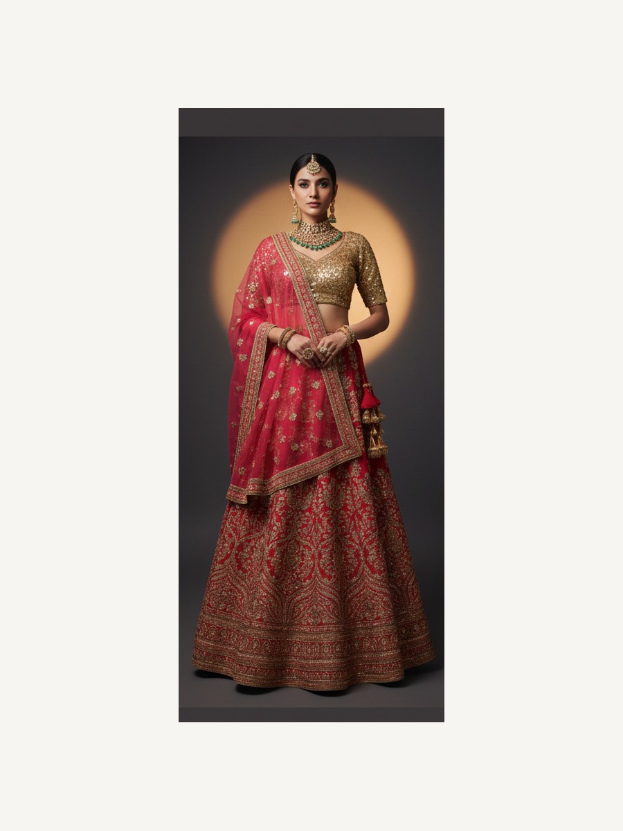 red unstitched lehenga 32856 – full front view