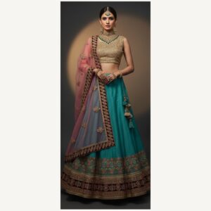 teal unstitched lehenga 32928 – full front view