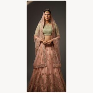peach unstitched lehenga 33648 – full front view