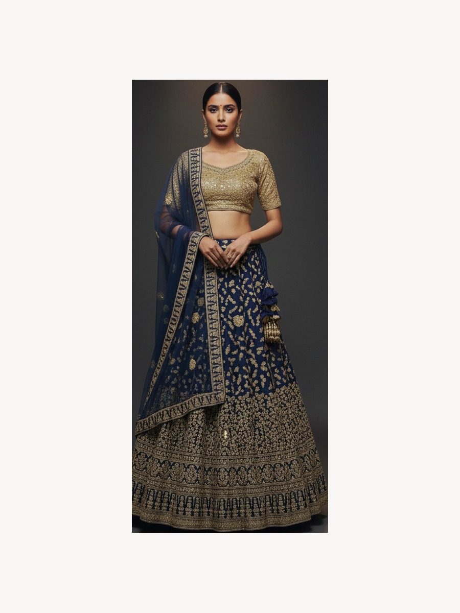 navy blue unstitched lehenga 35757 – full front view