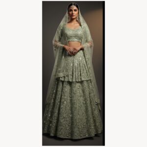sage green unstitched lehenga 37590 – full front view