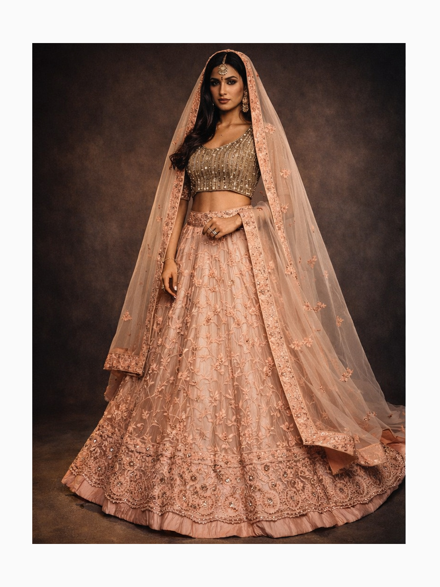 peach unstitched lehenga 53598-1 – full front view