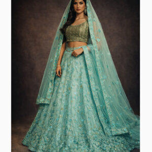 turquoise unstitched lehenga 53598-2 – full front view