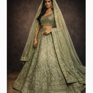 sage green unstitched lehenga 53600 – full front view
