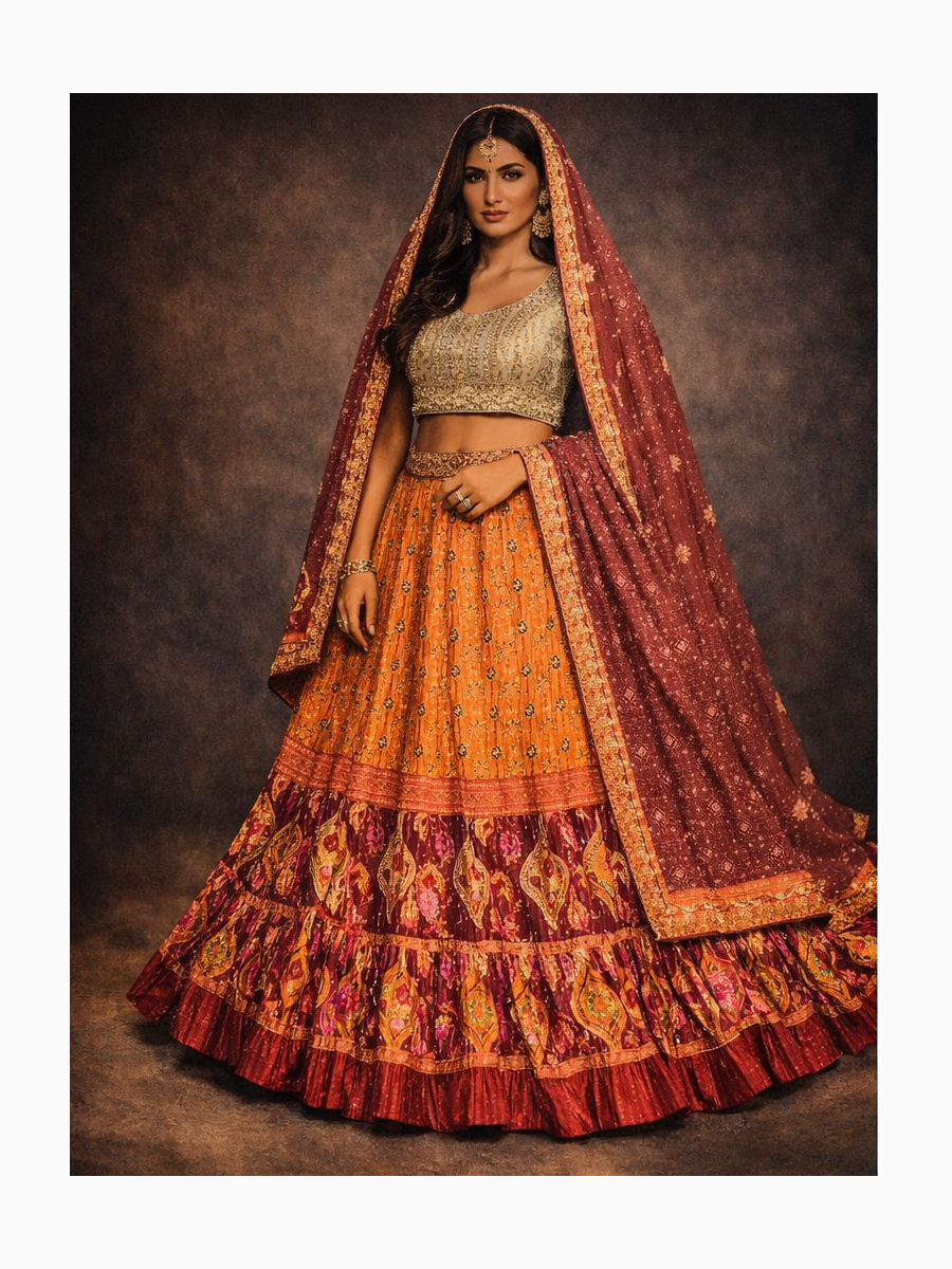 orange unstitched lehenga 56032 – full front view