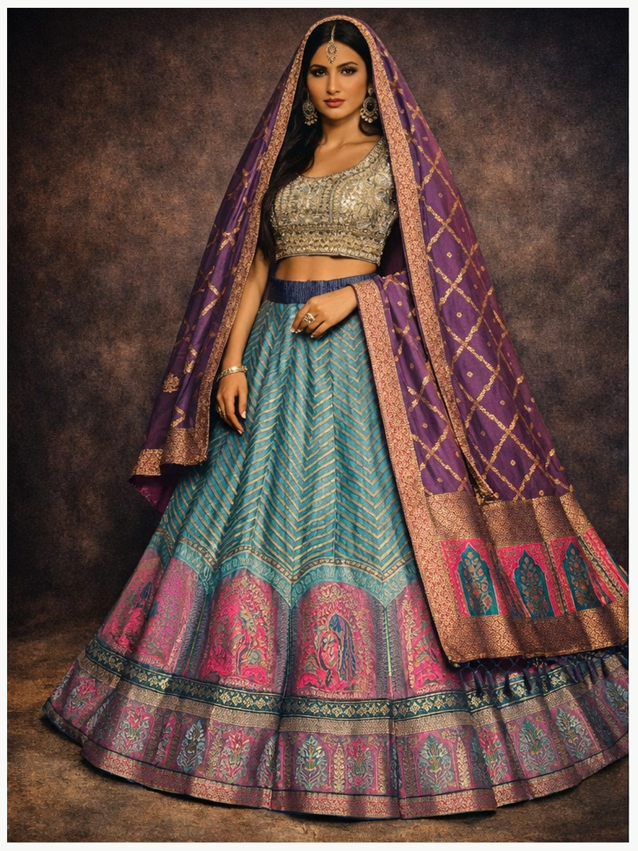 teal unstitched lehenga 56076-2 – full front view