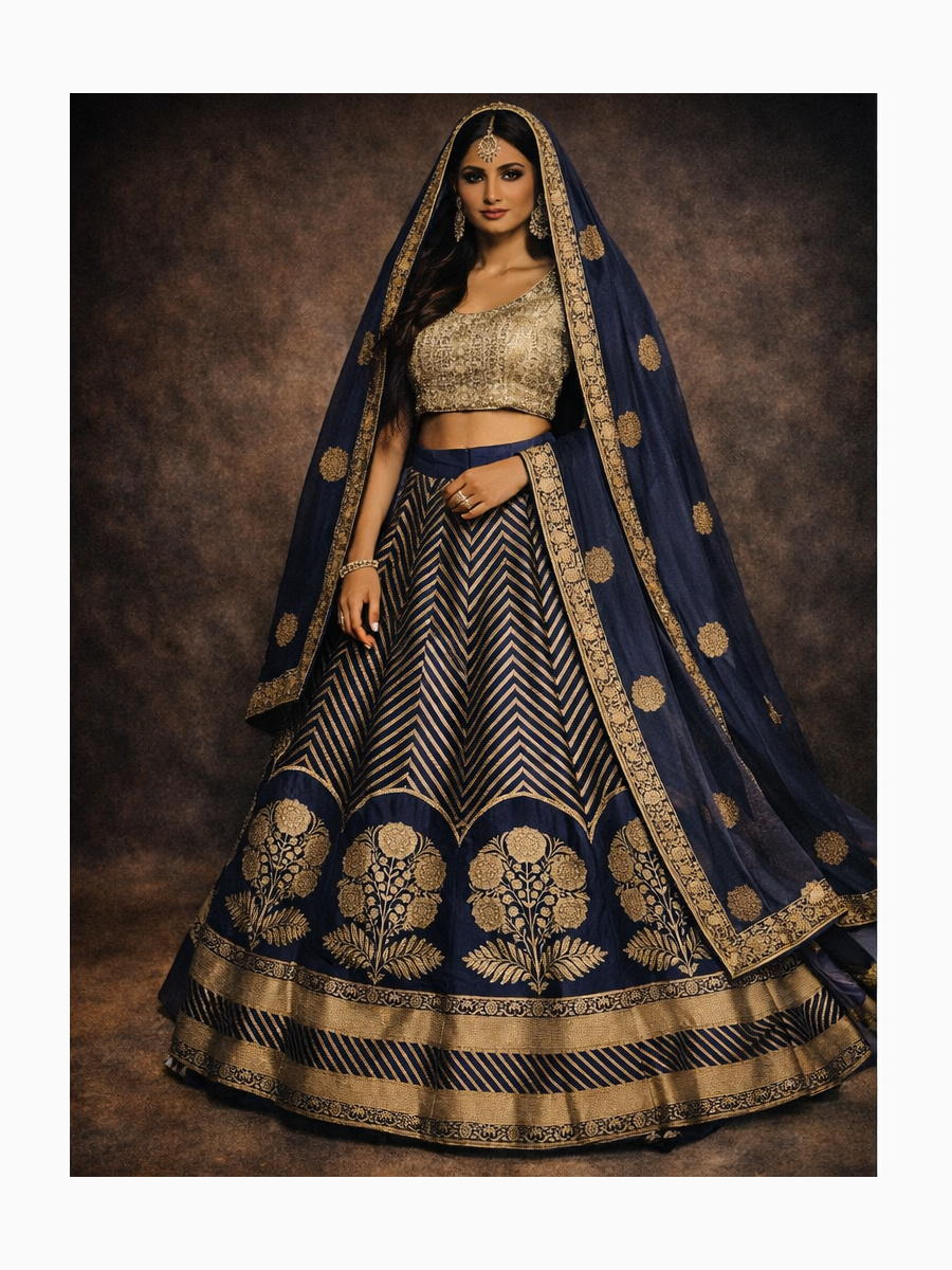 navy blue unstitched lehenga 56076 – full front view