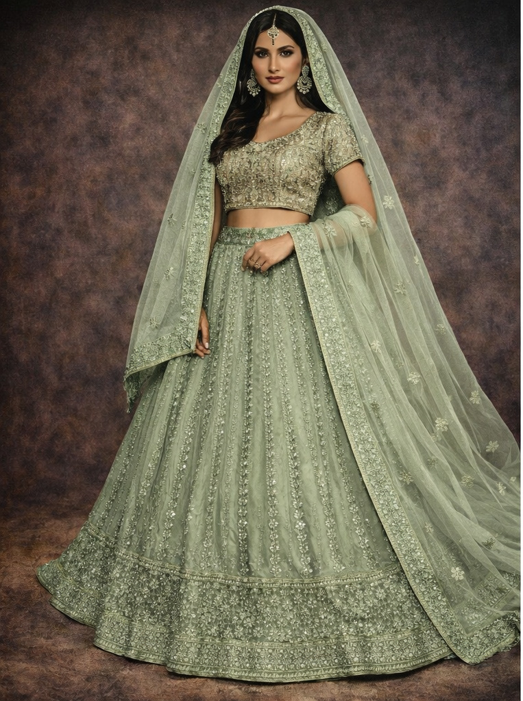 RIVAZ sage green unstitched lehenga 56080-1 full front view