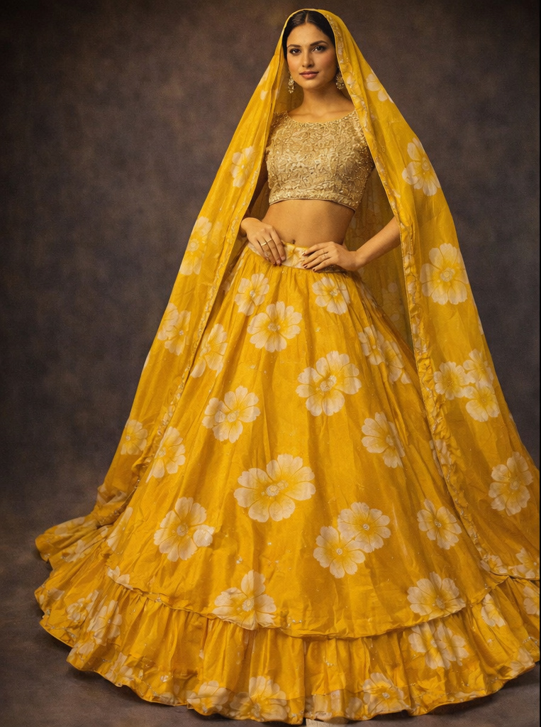 RIVAZ mustard yellow unstitched lehenga 60121-44 full front view